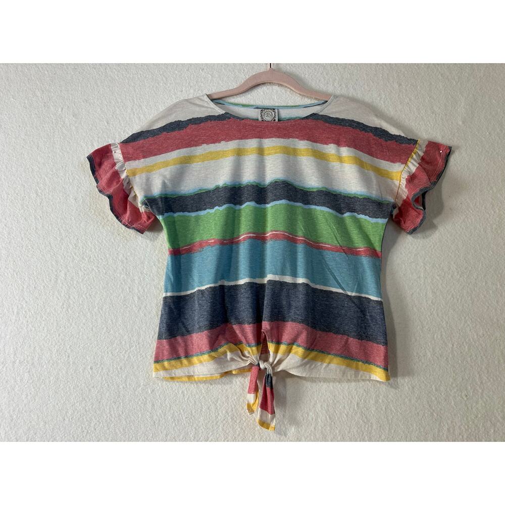 Truself Striped Casual Blouse With Fluttered Sleeve Tied Bottom SZ L Preppy